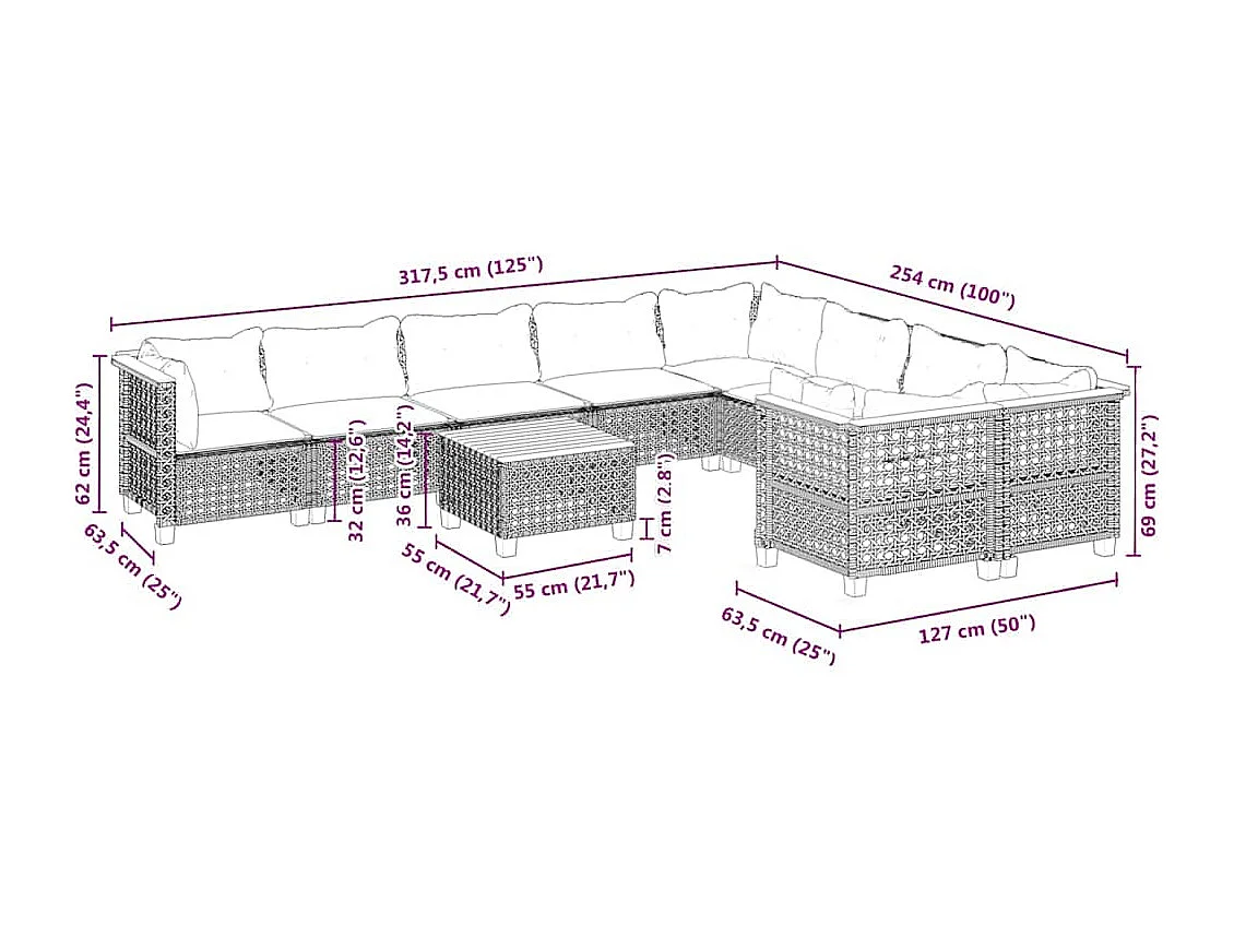 Salon de jardin avec coussins 10 pcs beige résine tressée
