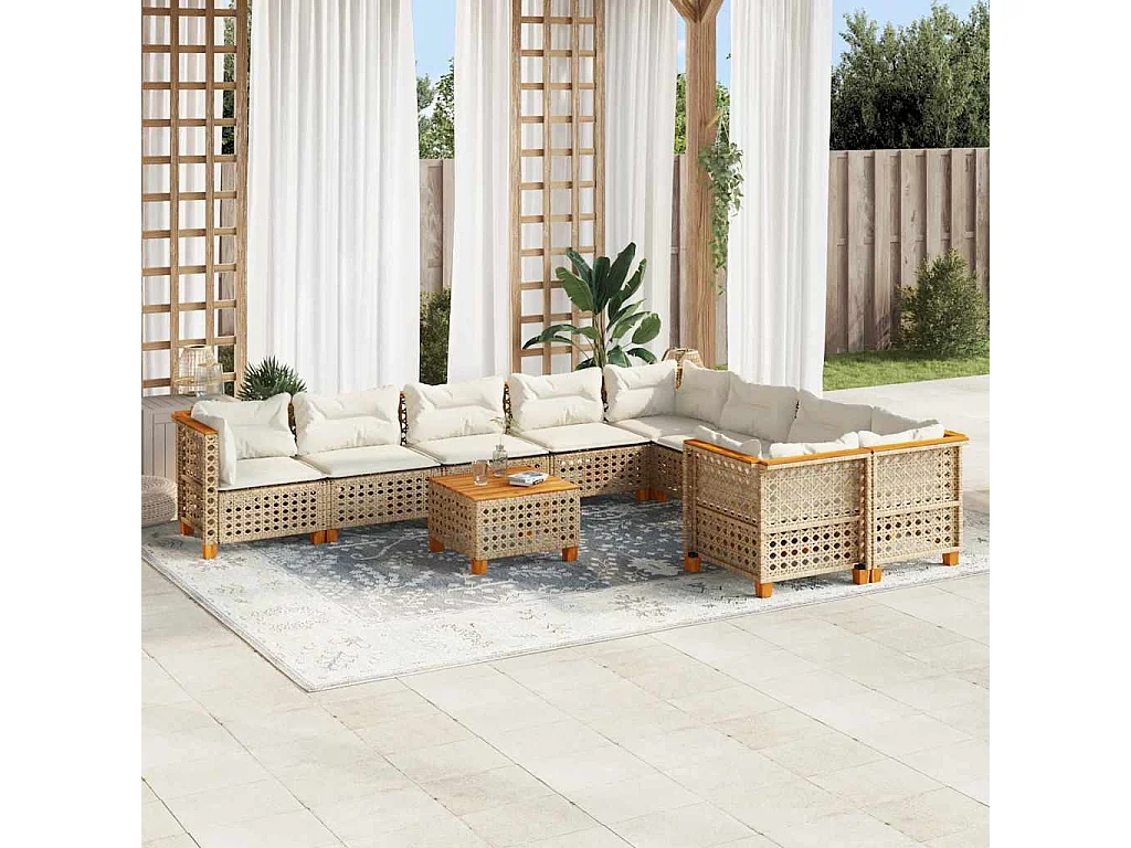 10-delige Loungeset met kussens poly rattan beige