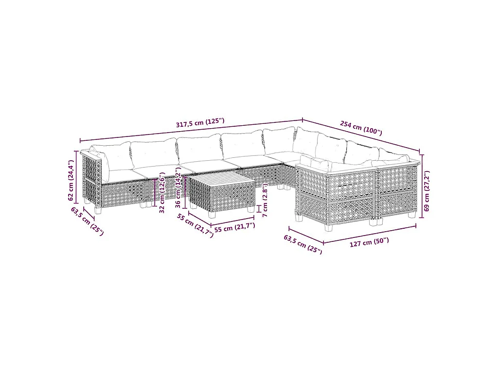 10-delige Loungeset met kussens poly rattan beige