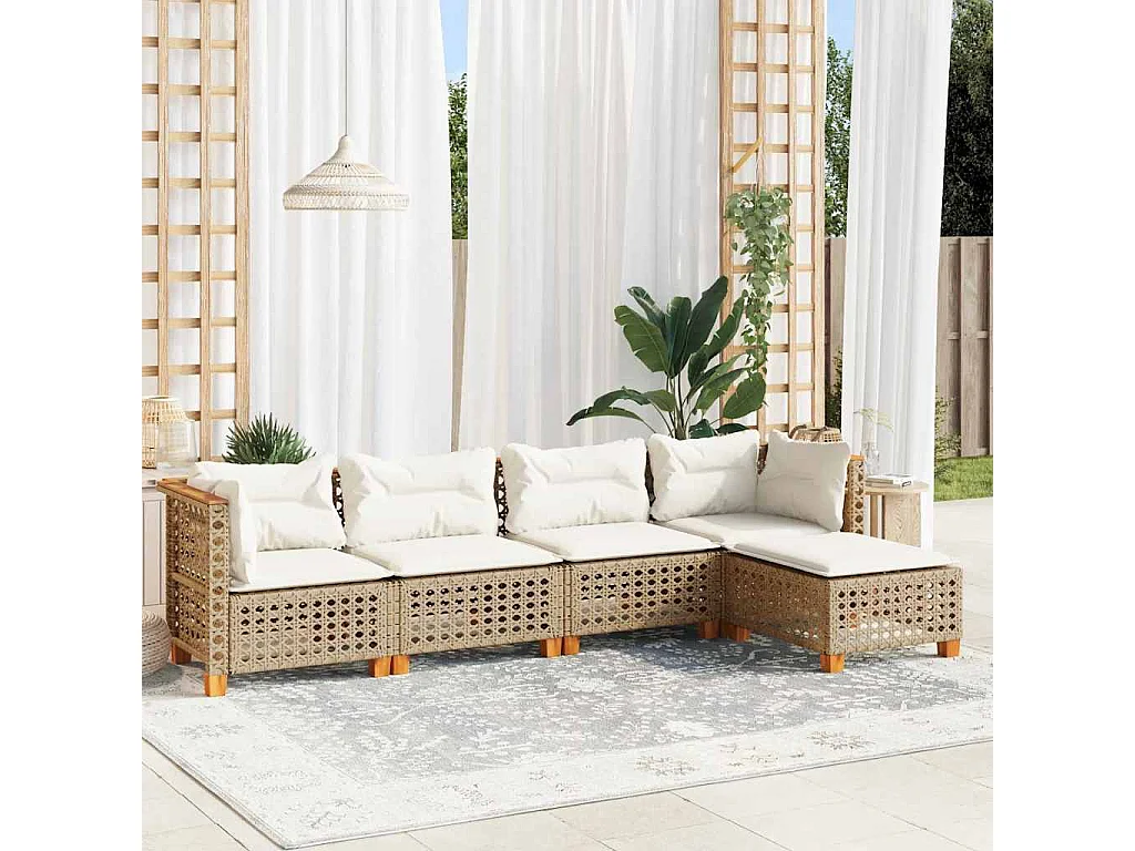 5-delige Loungeset met kussens poly rattan beige