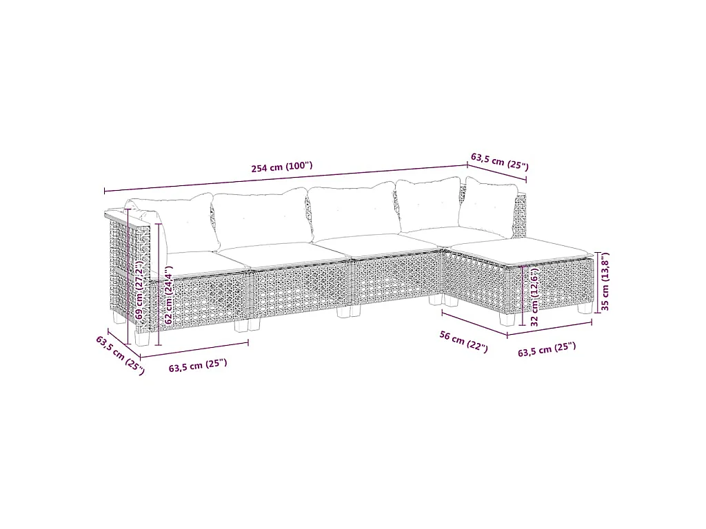 5-delige Loungeset met kussens poly rattan beige