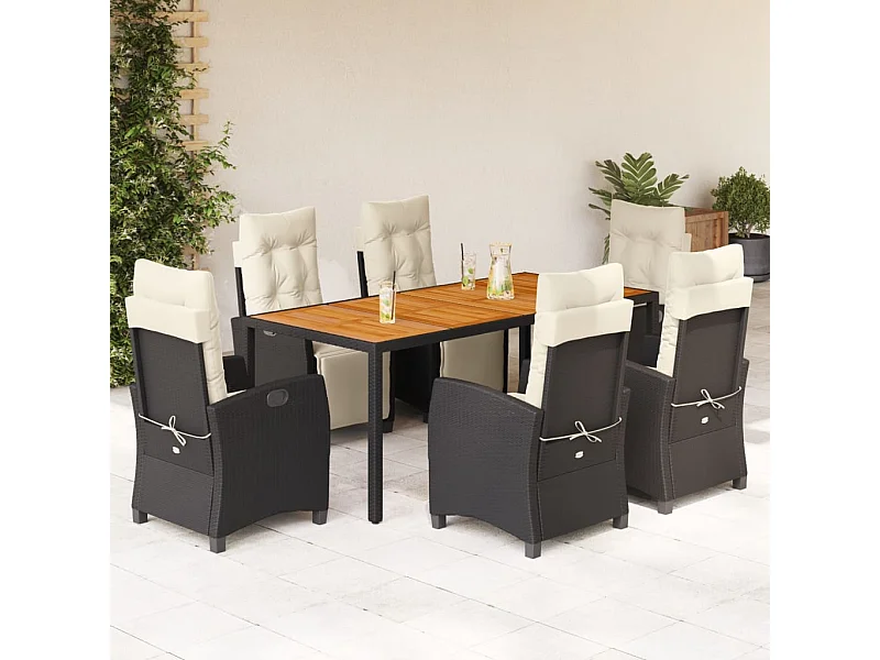 Set da Pranzo da Giardino 7 pz Nero con Cuscini in Polyrattan