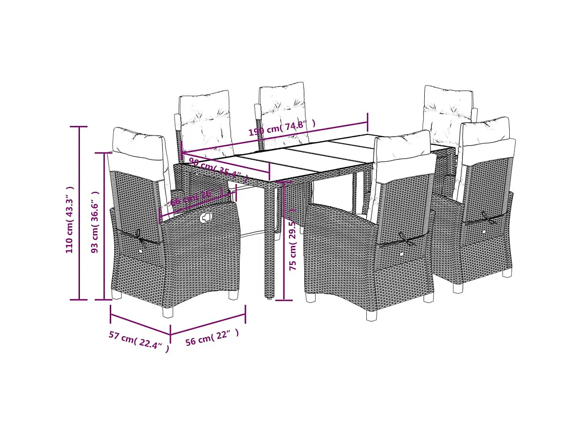 Set da Pranzo da Giardino 7 pz Nero con Cuscini in Polyrattan