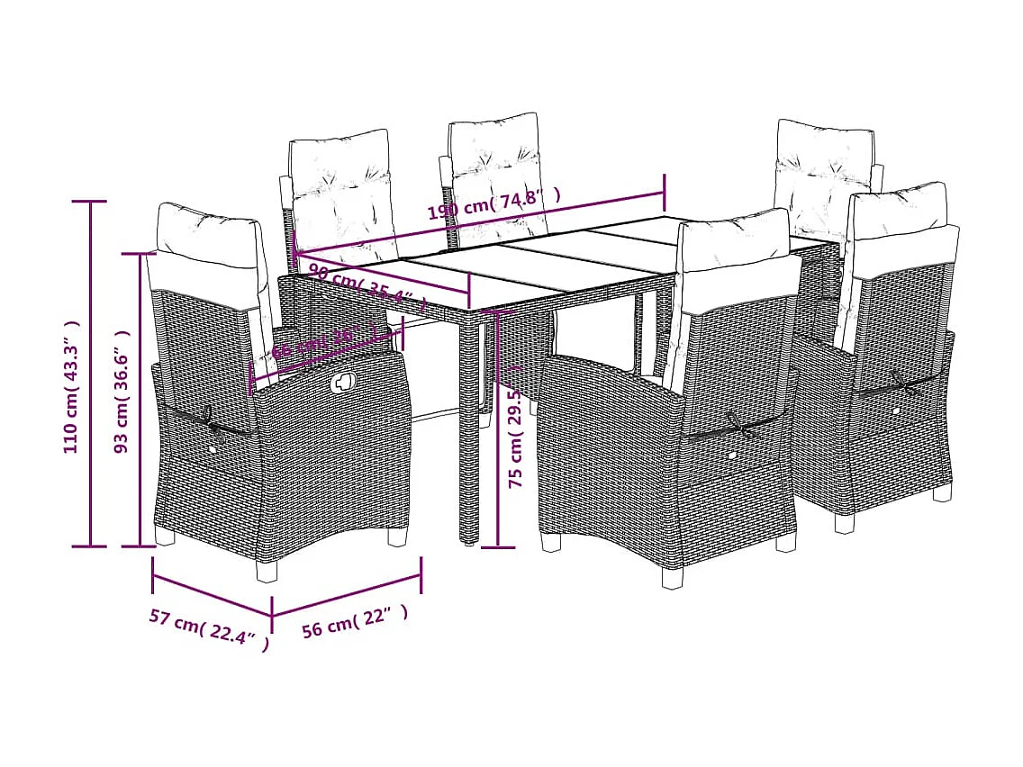 Ensemble à manger de jardin coussins 7pcs Noir Résine tressée