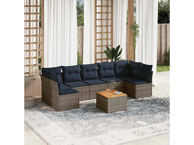 Salon de jardin 8 pcs avec coussins gris résine tressée