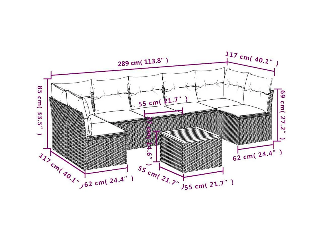 Set de sofás de jardín 8 pzas con cojines ratán sintético gris