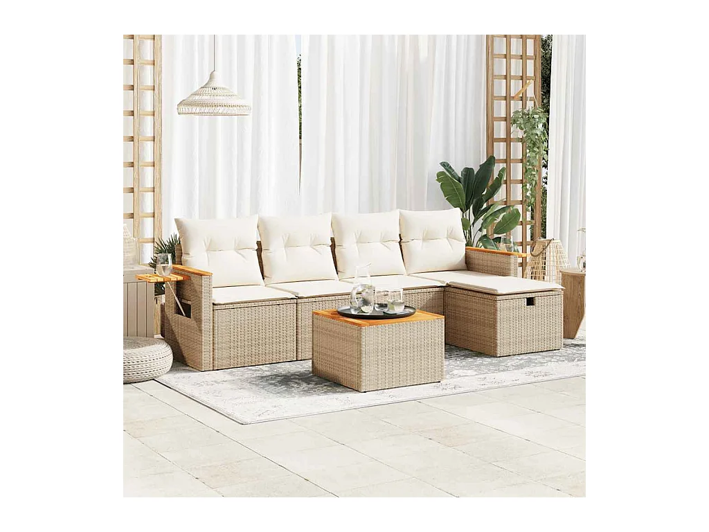 6-tlg. Garten-Sofagarnitur mit Kissen Beige Poly Rattan