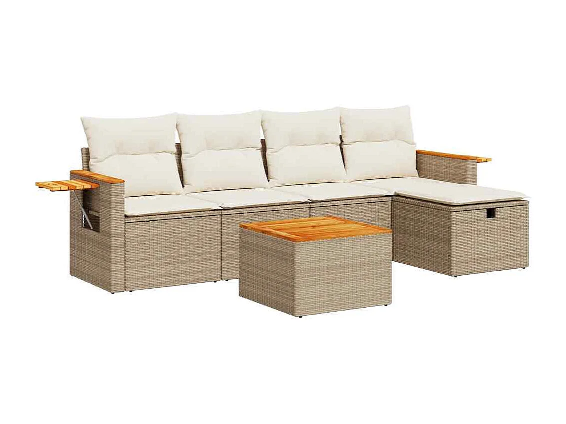 6-tlg. Garten-Sofagarnitur mit Kissen Beige Poly Rattan