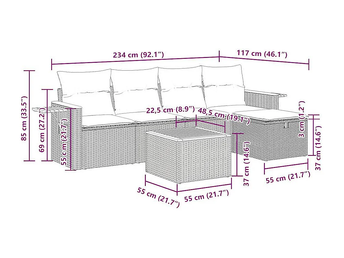 6-tlg. Garten-Sofagarnitur mit Kissen Beige Poly Rattan