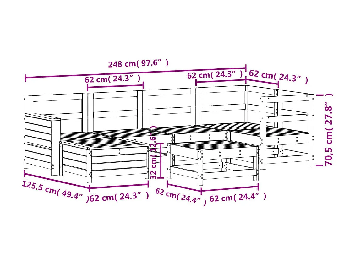 7 pcs conjunto de sofás para jardim madeira de pinho maciça