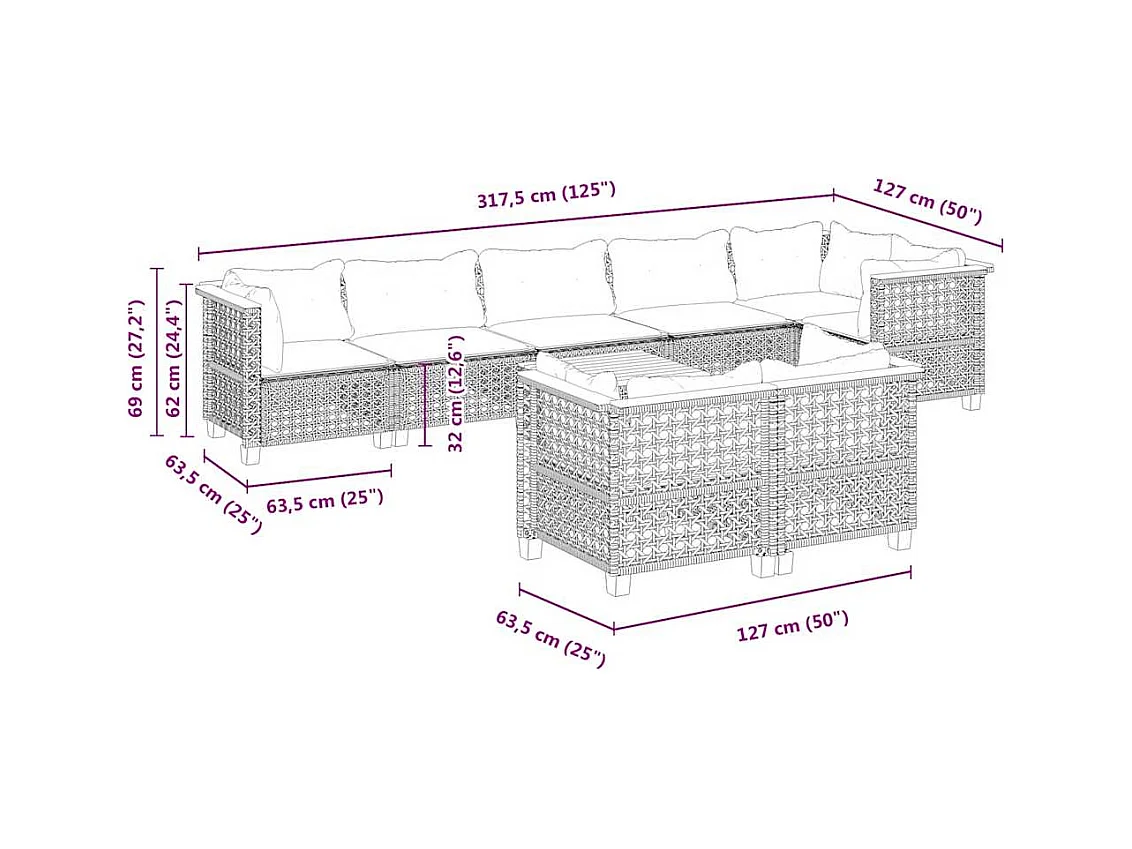 Salon de jardin avec coussins 9 pcs beige résine tressée