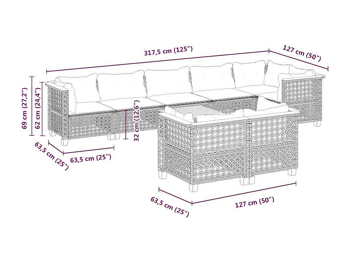 Salon de jardin avec coussins 9 pcs beige résine tressée