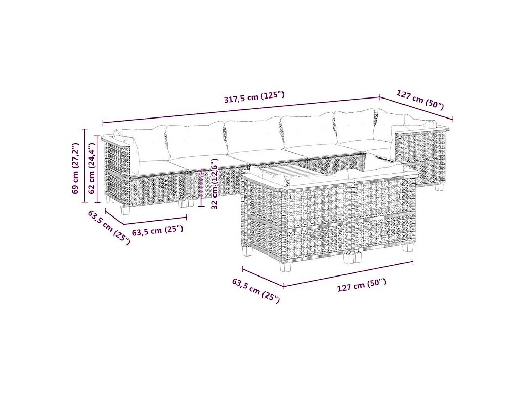 9-delige Loungeset met kussens poly rattan beige