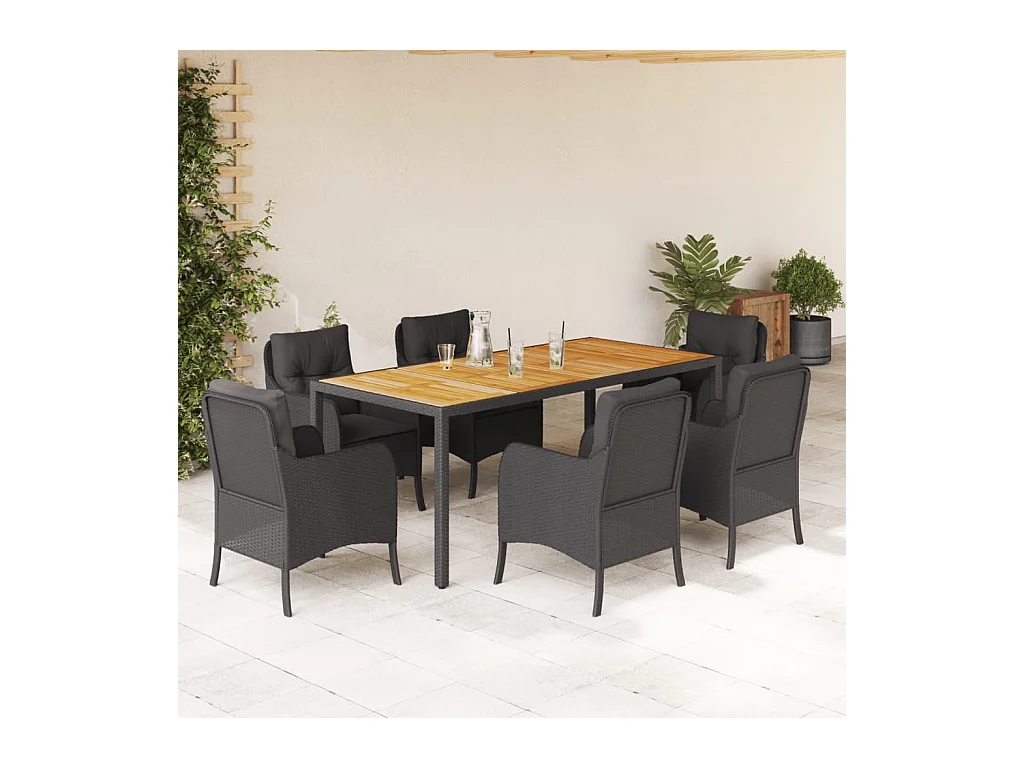 7 pcs conjunto de jantar p/ jardim c/ almofadões vime PE preto