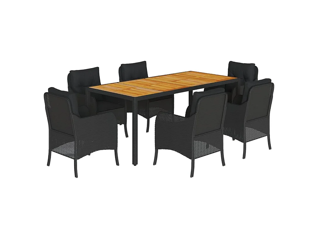 Ensemble à manger de jardin coussins 7pcs Noir Résine tressée
