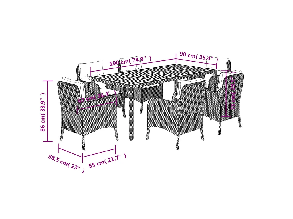 Ensemble à manger de jardin coussins 7pcs Noir Résine tressée