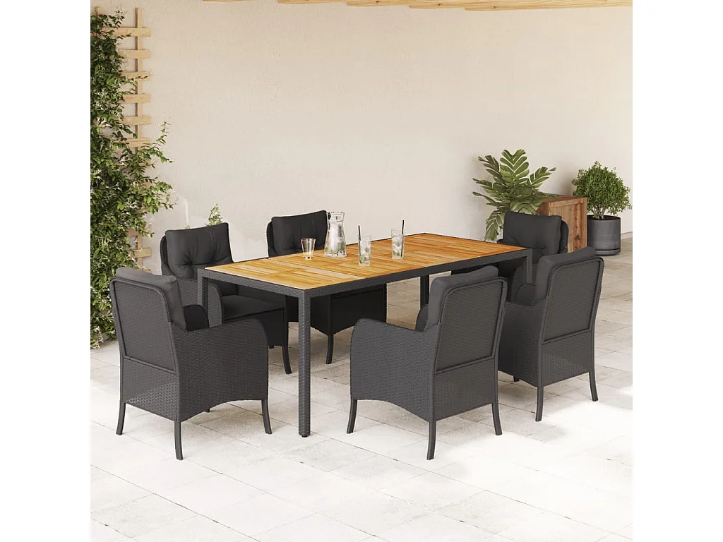 Set da Pranzo da Giardino 7 pz Nero con Cuscini in Polyrattan