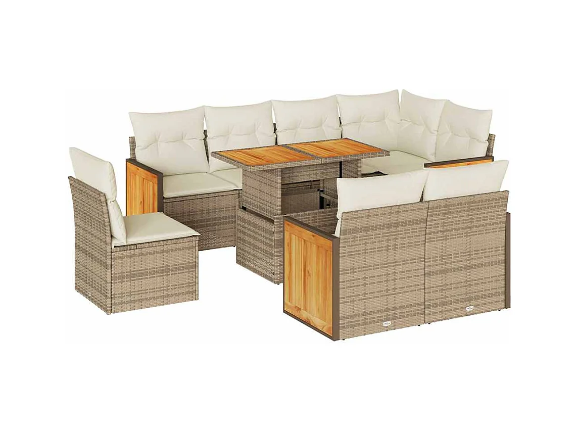 9-tlg. Garten-Sofagarnitur mit Kissen Beige Poly Rattan Akazie