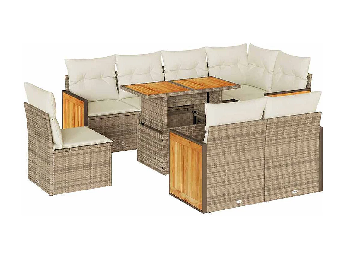 Set Divano da Giardino 9 pz con Cuscini Beige Polyrattan Acacia