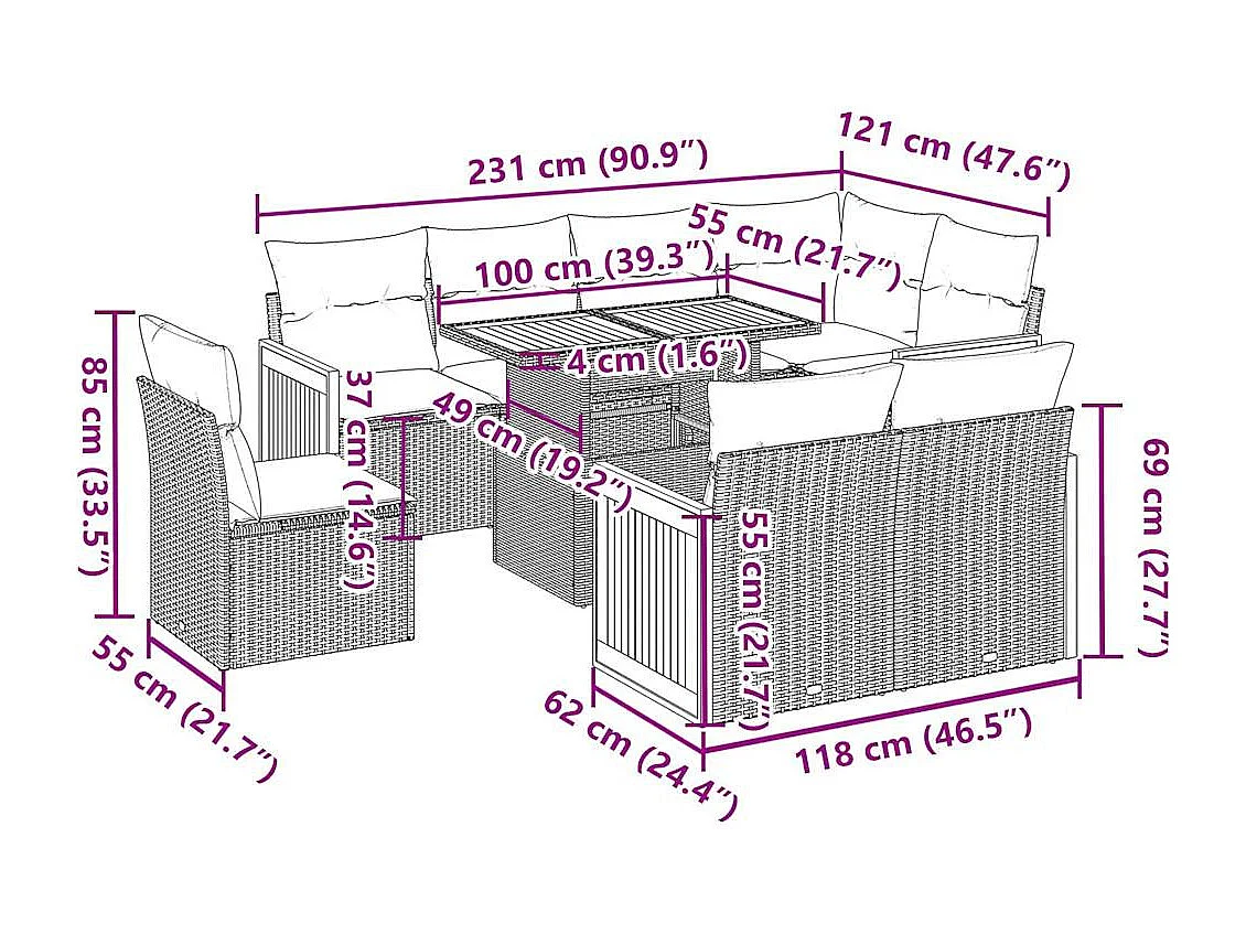 Set Divano da Giardino 9 pz con Cuscini Beige Polyrattan Acacia