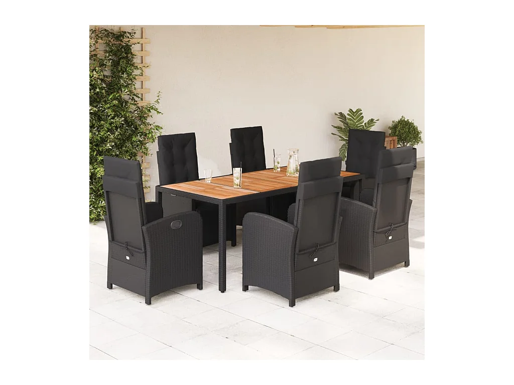 Ensemble à manger de jardin coussins 7pcs Noir Résine tressée