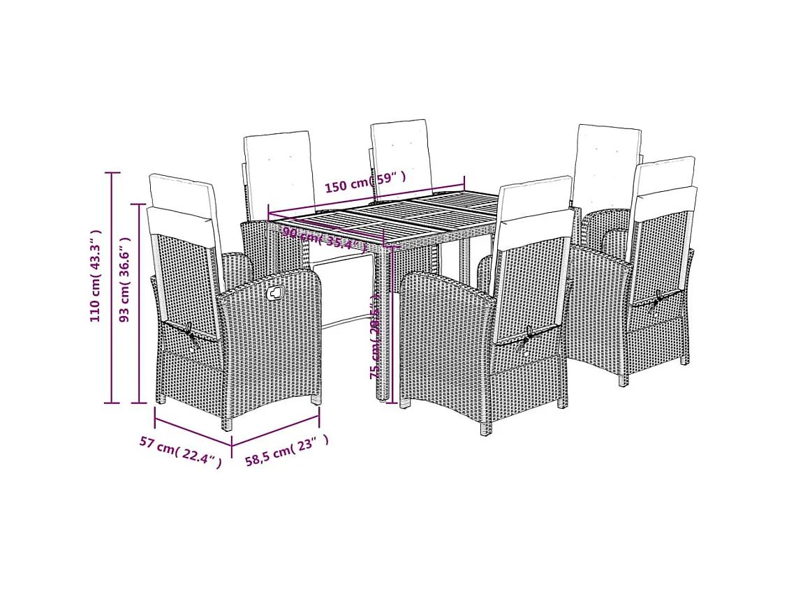 Ensemble à manger de jardin coussins 7pcs Noir Résine tressée