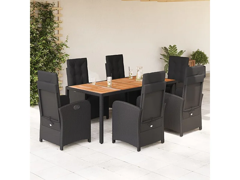 7-tlg. Garten-Essgruppe mit Kissen Schwarz Poly Rattan