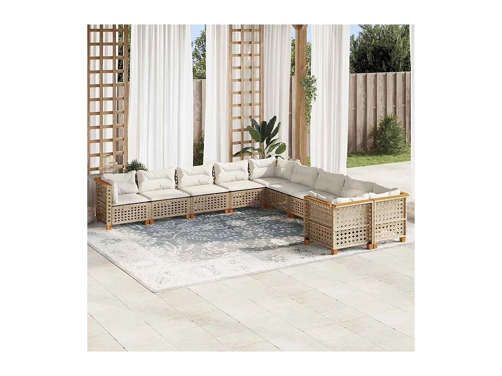 Set Divano da Giardino 10 pz con Cuscini Beige in Polyrattan