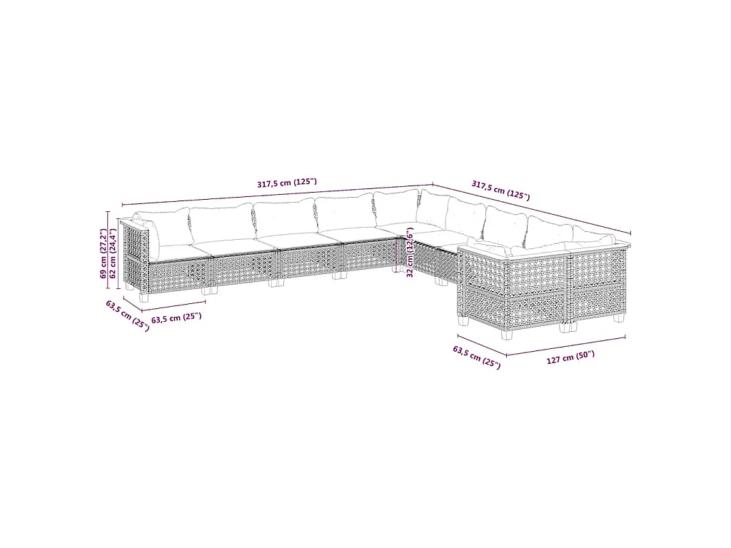 10-delige Loungeset met kussens poly rattan beige