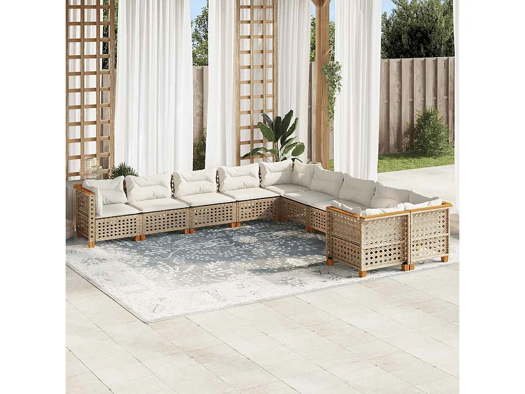 10-delige Loungeset met kussens poly rattan beige