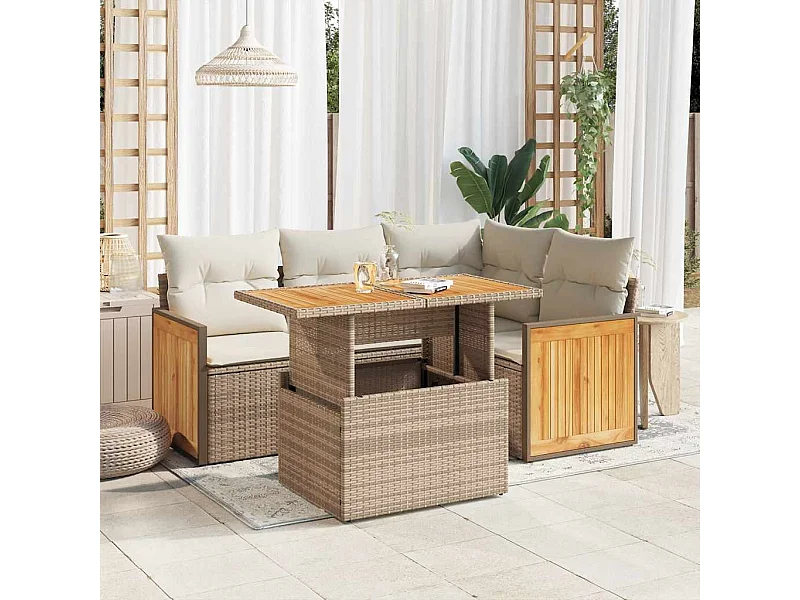 5-delige Loungeset met kussens poly rattan en acaciahout beige