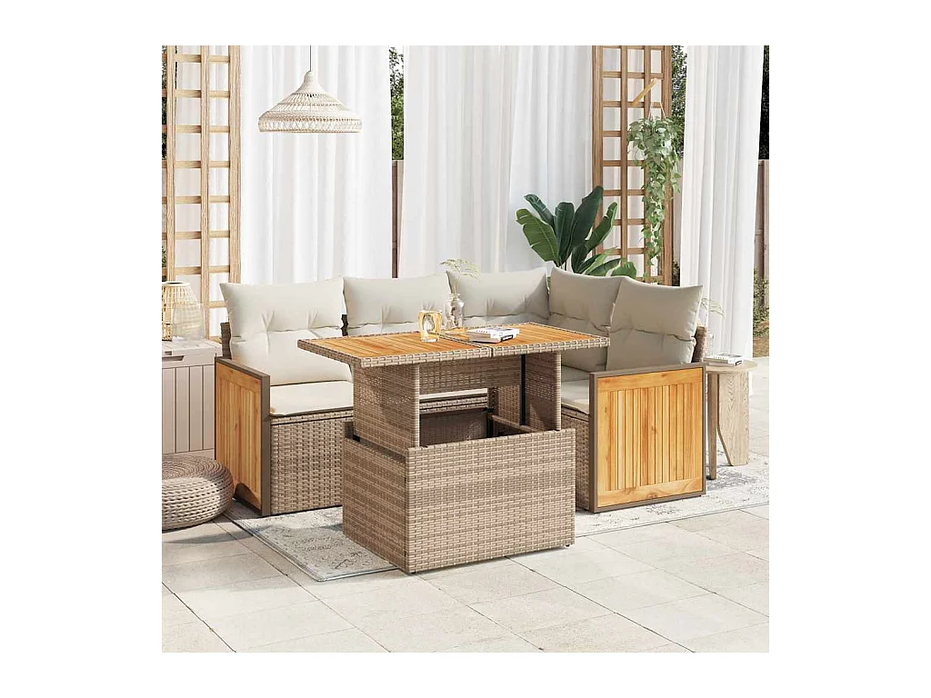 5-delige Loungeset met kussens poly rattan en acaciahout beige