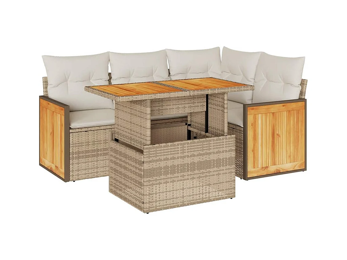 5-delige Loungeset met kussens poly rattan en acaciahout beige