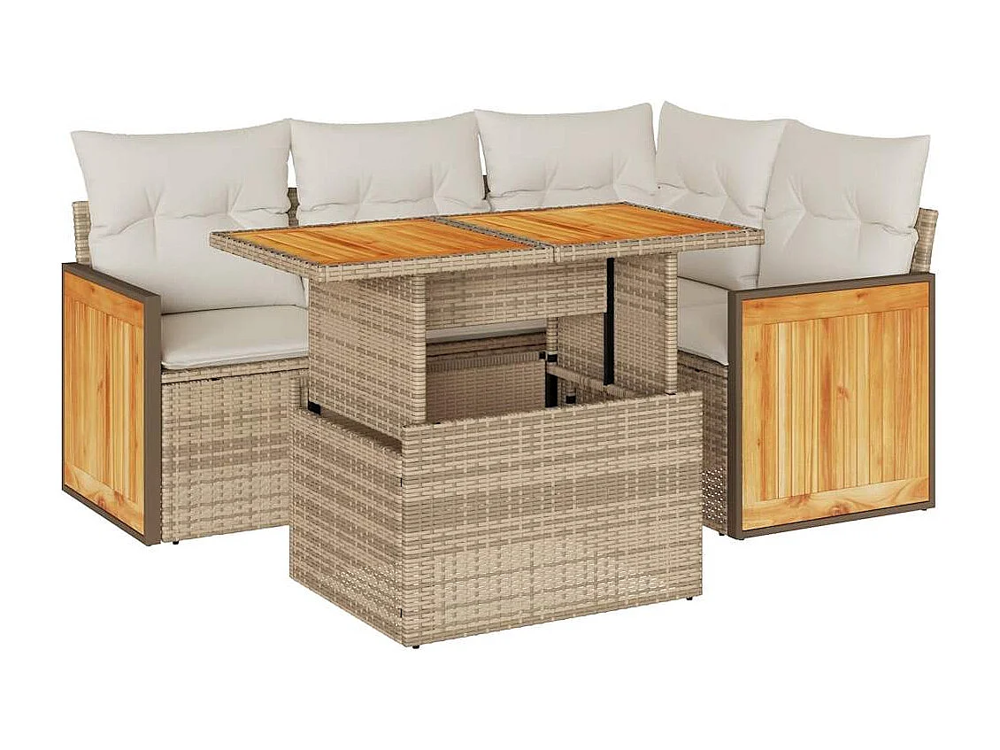 Salon de jardin avec coussins 5 pcs beige résine tressée acacia