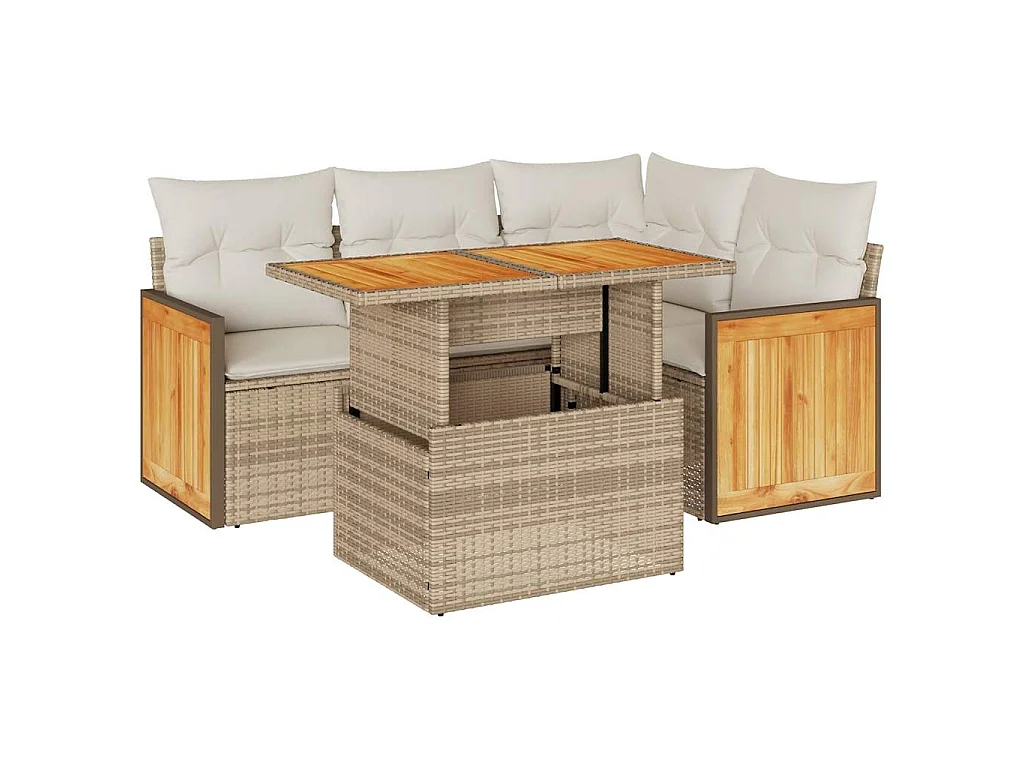 Set Divano da Giardino 5 pz con Cuscini Beige Polyrattan Acacia