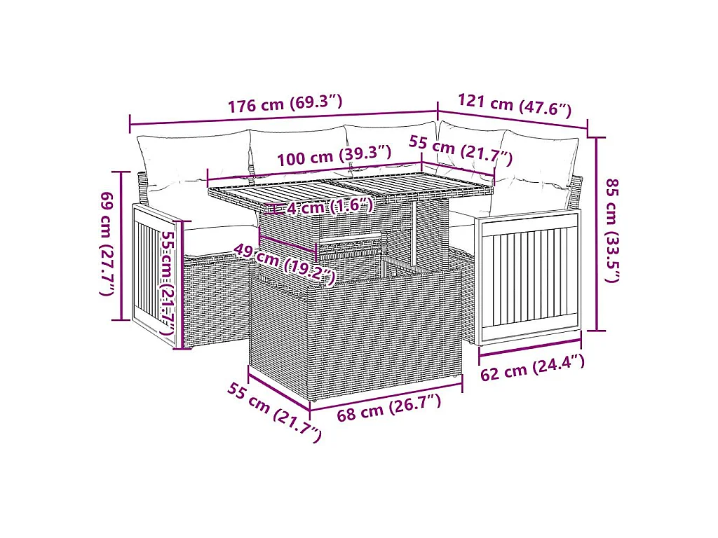 Set Divano da Giardino 5 pz con Cuscini Beige Polyrattan Acacia