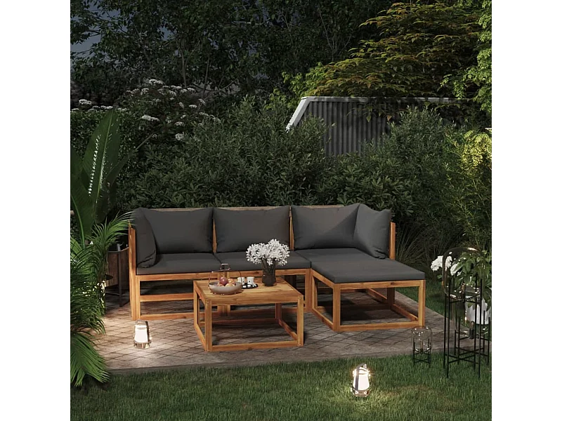 Conjunto de Lounge de Jardim com Almofadões em Madeira de Acácia - 5 Peças