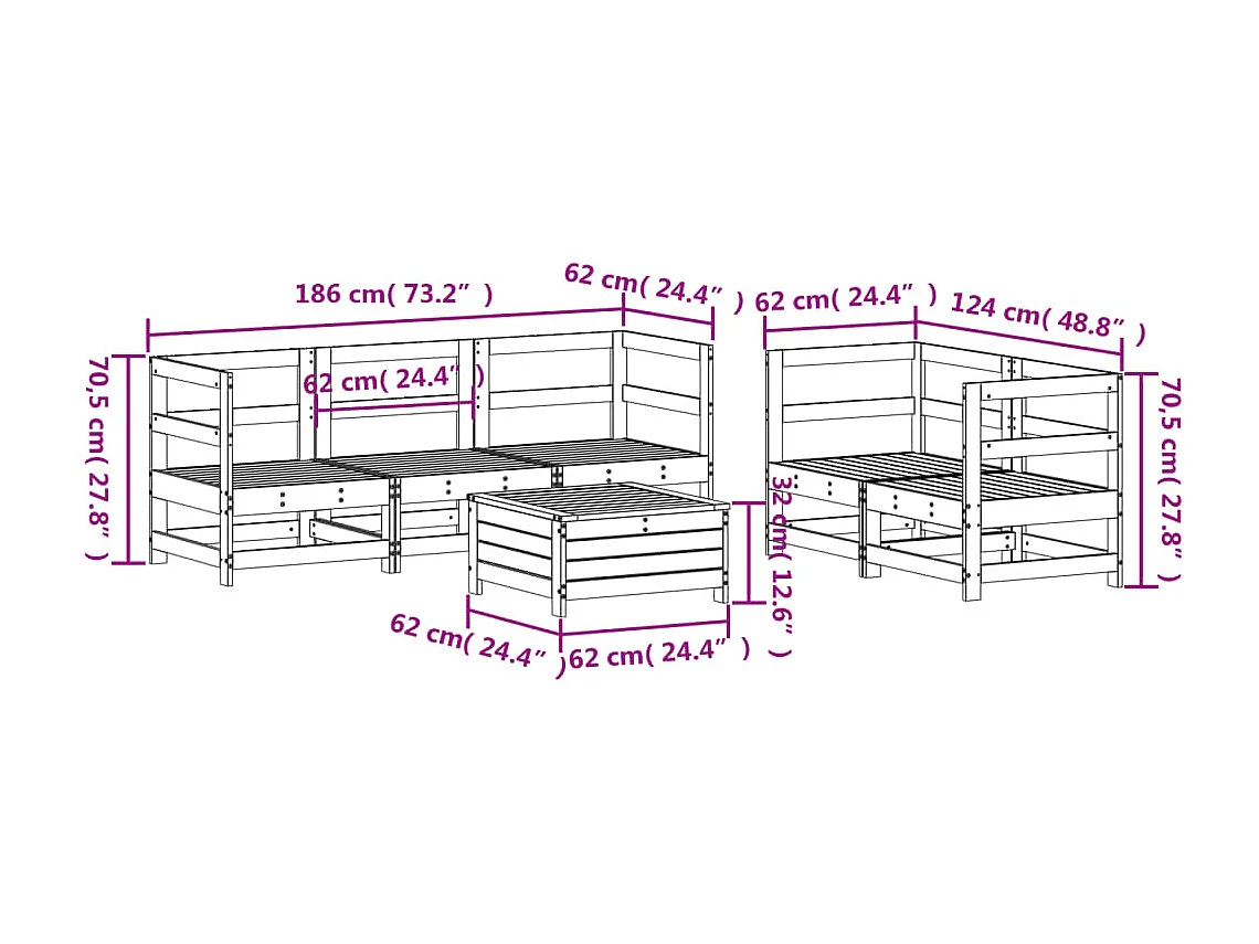 Set Divani da Giardino 6 pz in Legno Massello di Pino