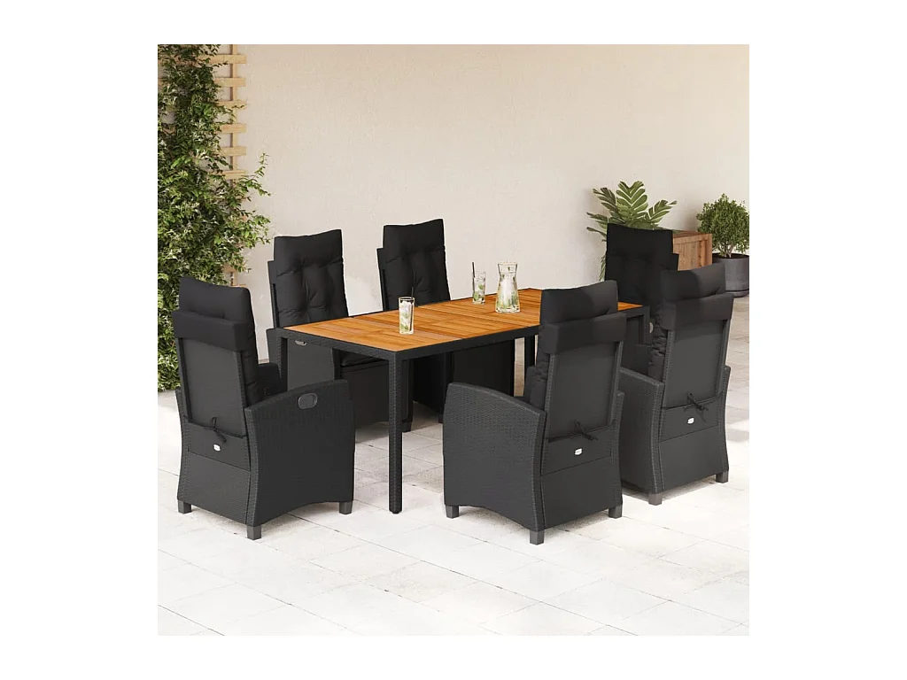 Set da Pranzo da Giardino 7 pz Nero con Cuscini in Polyrattan