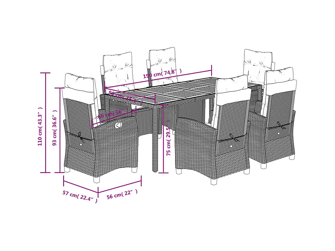 Set da Pranzo da Giardino 7 pz Nero con Cuscini in Polyrattan