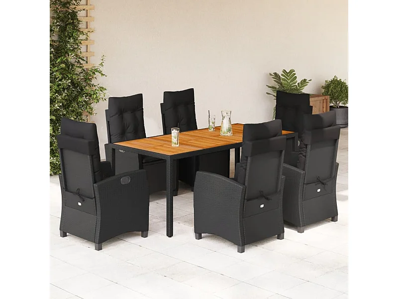 Ensemble à manger de jardin coussins 7pcs Noir Résine tressée