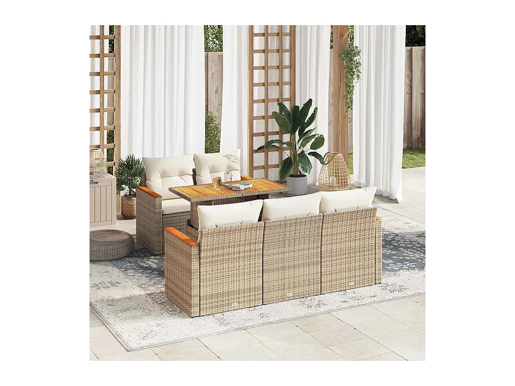 Salon de jardin 6 pcs avec coussins beige résine tressée acacia