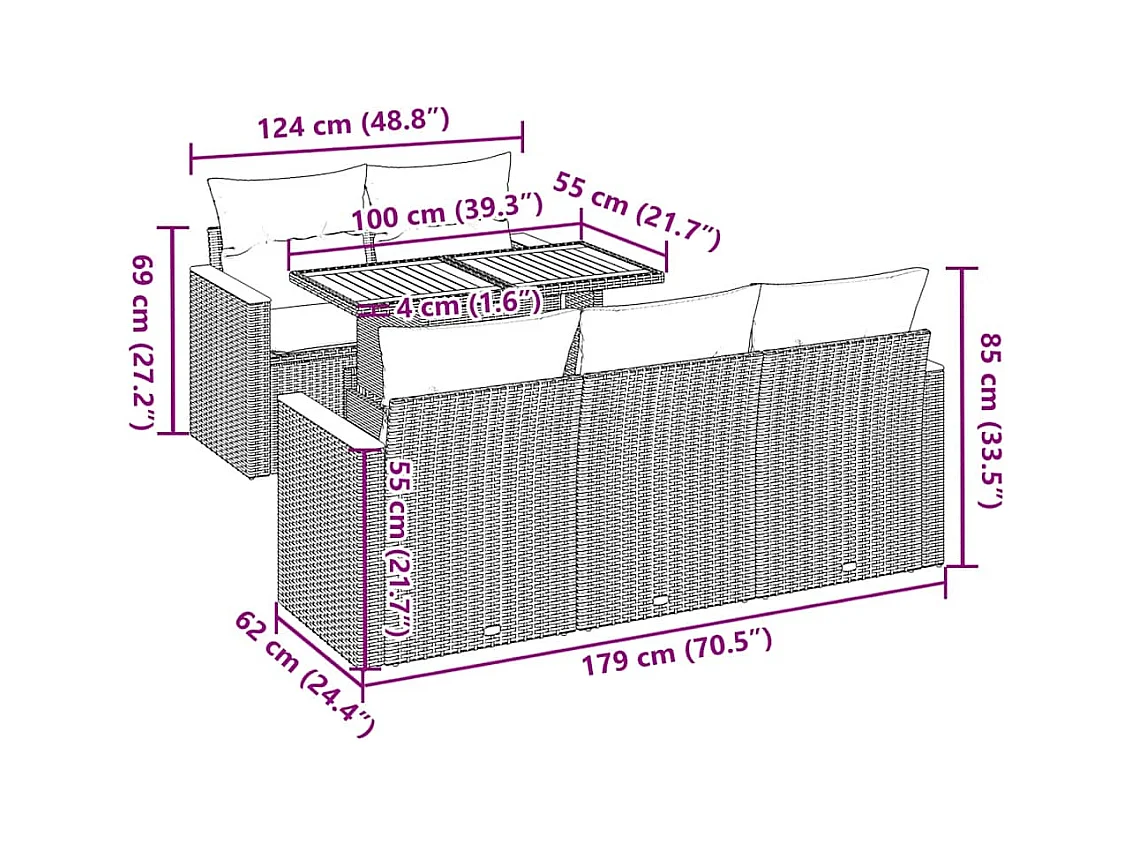 Salon de jardin 6 pcs avec coussins beige résine tressée acacia
