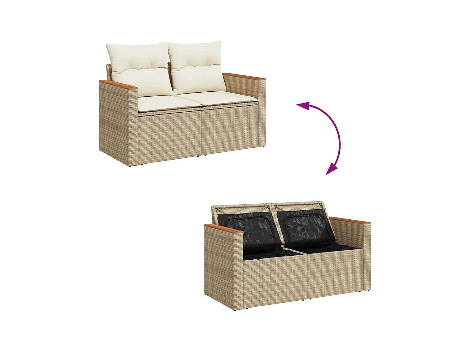 Salon de jardin 6 pcs avec coussins beige résine tressée acacia