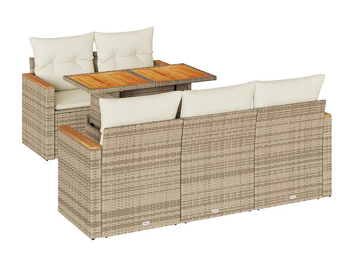 Salon de jardin 6 pcs avec coussins beige résine tressée acacia