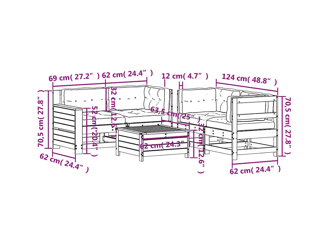 Salon de jardin 5 pcs avec coussins bois de pin imprégné