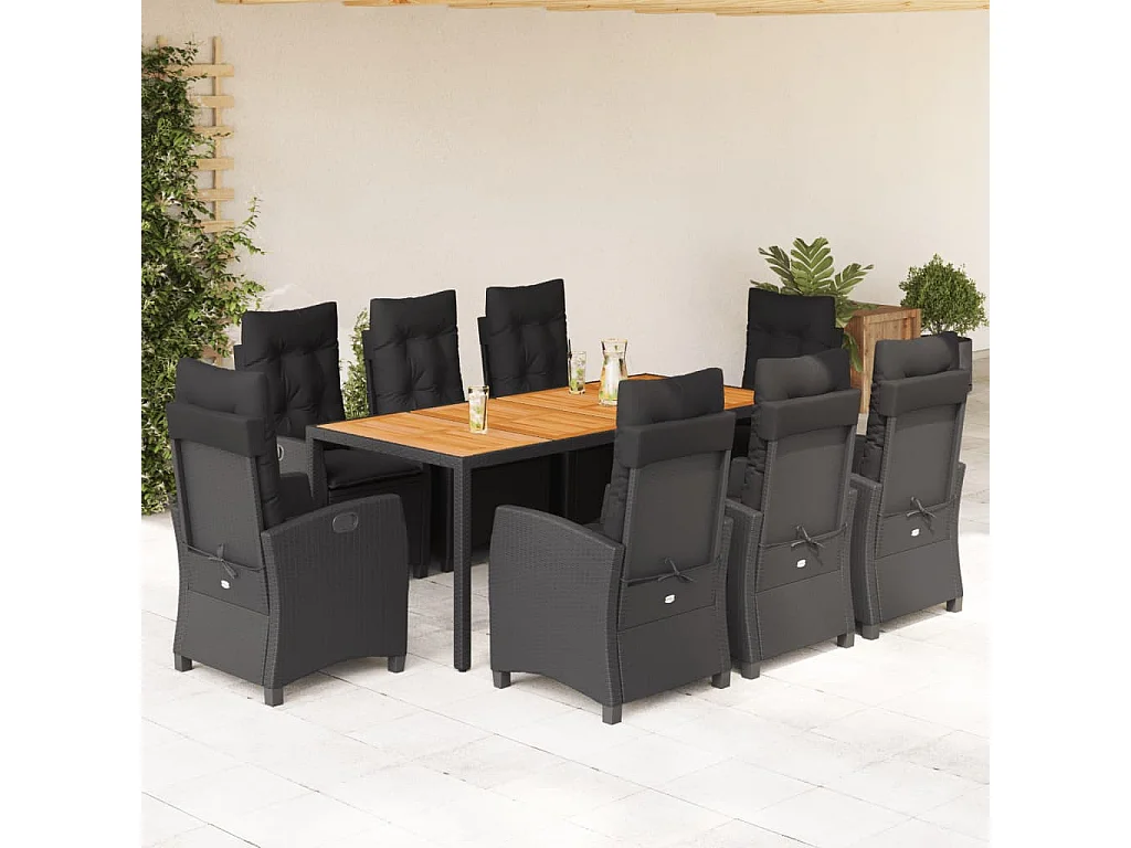 Ensemble à manger de jardin 9pcs coussins noir résine tressée