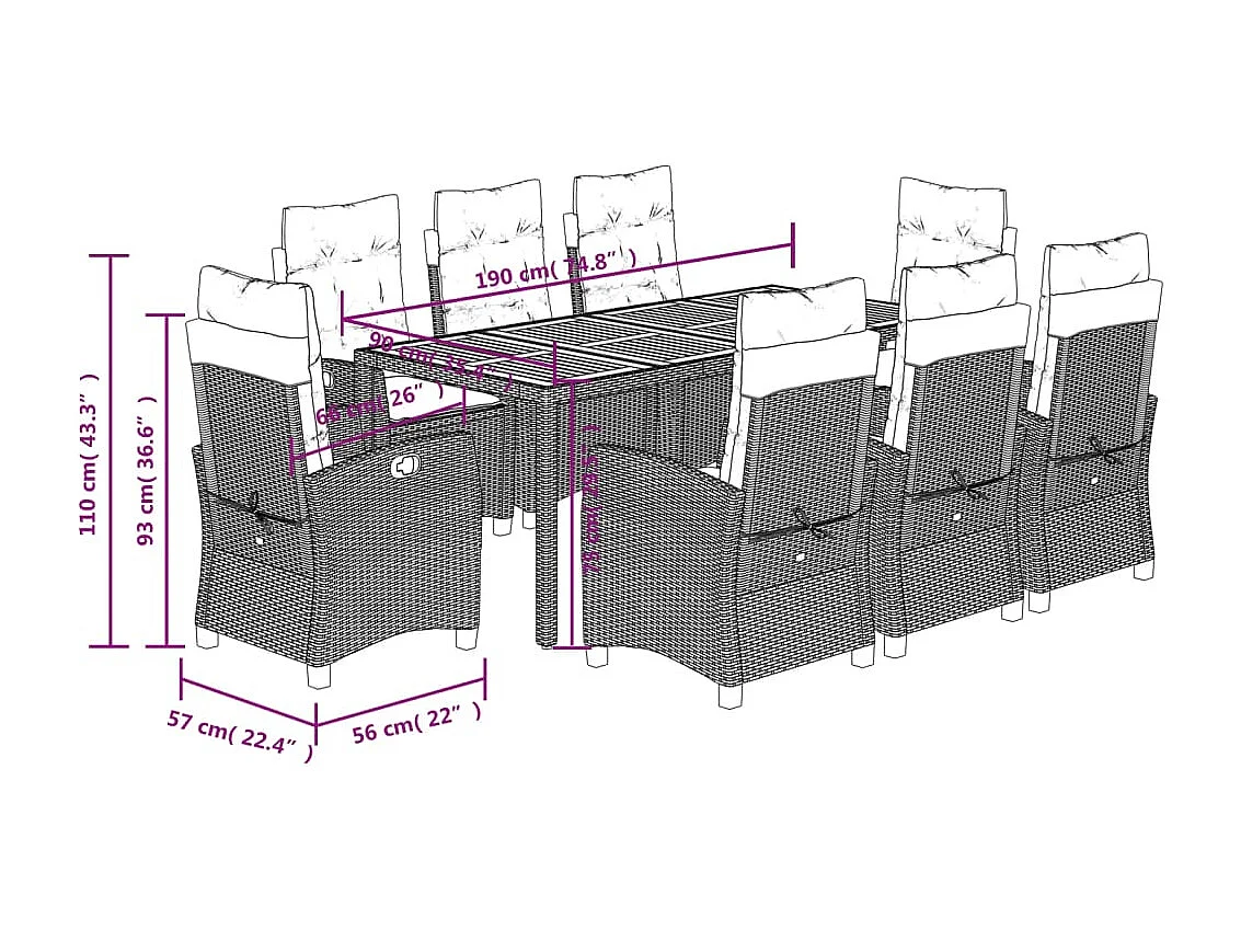 Ensemble à manger de jardin 9pcs coussins noir résine tressée