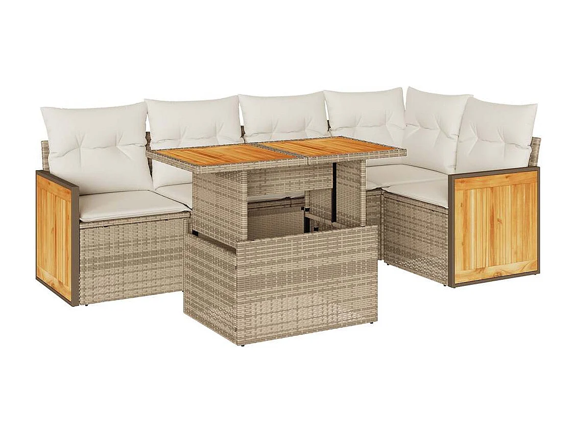 Salon de jardin 6 pcs avec coussins beige résine tressée acacia