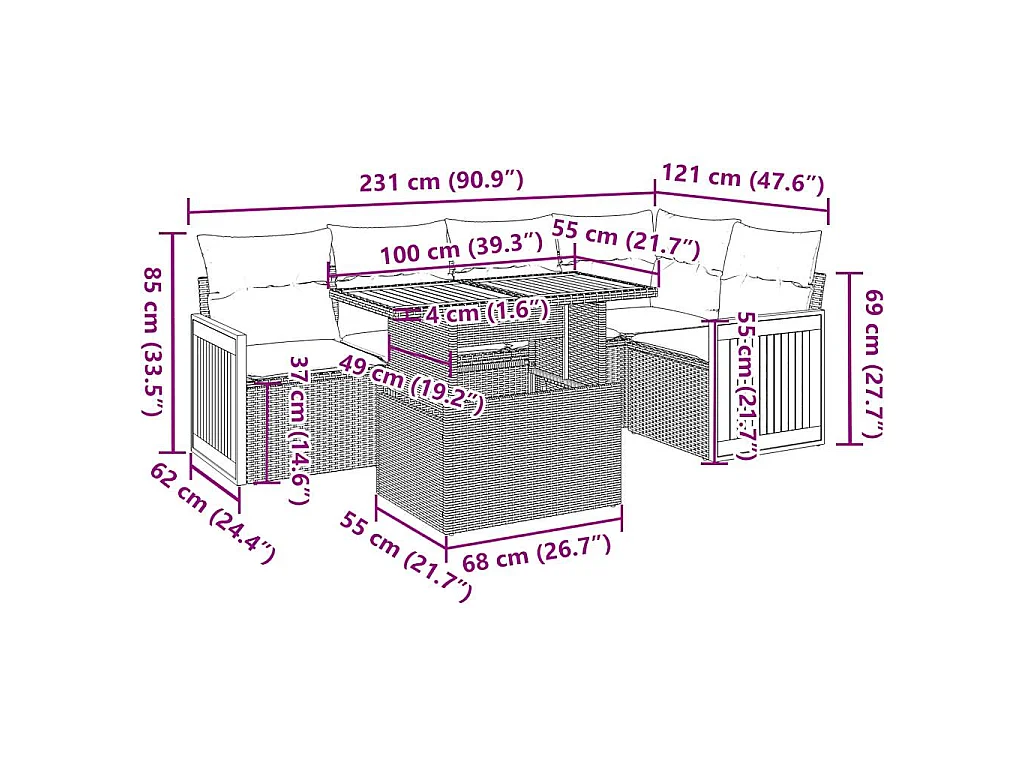 6-delige Loungeset met kussens poly rattan acacia beige